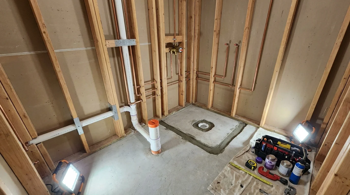Bathroom rough-in plumbing during remodel by Johns Plumbing LLC in Watkinsville