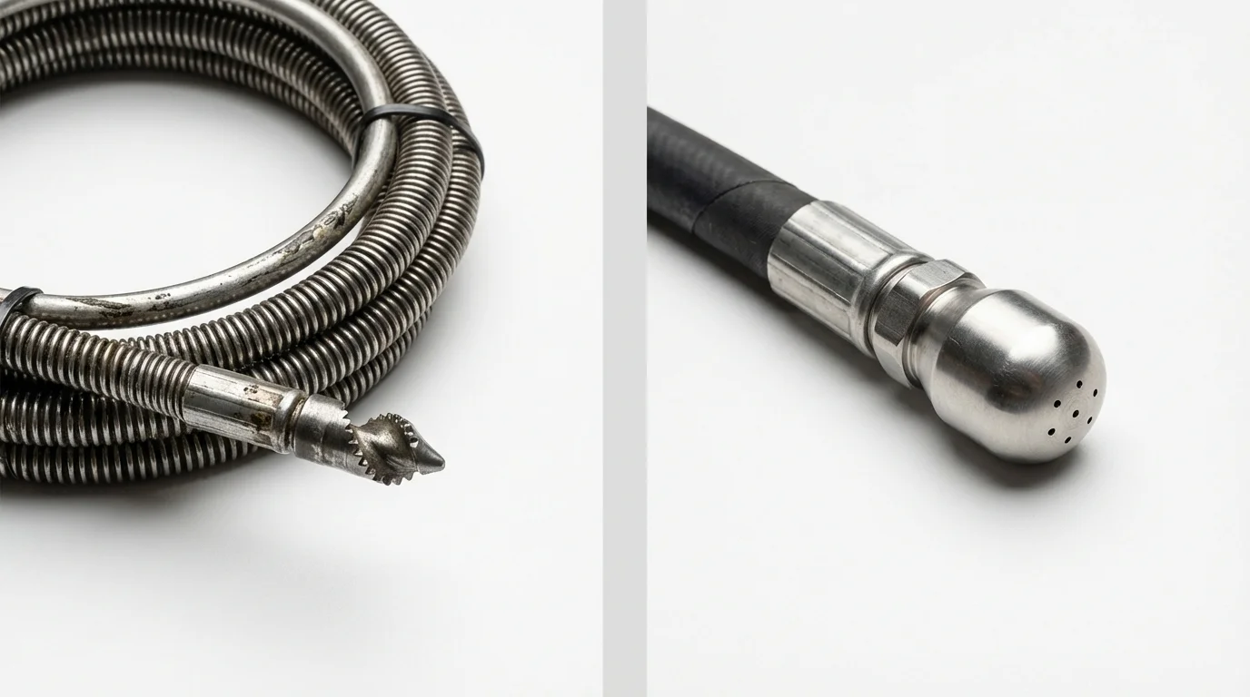 Drain snake cable and hydro jetting nozzle used for drain cleaning in Watkinsville, GA