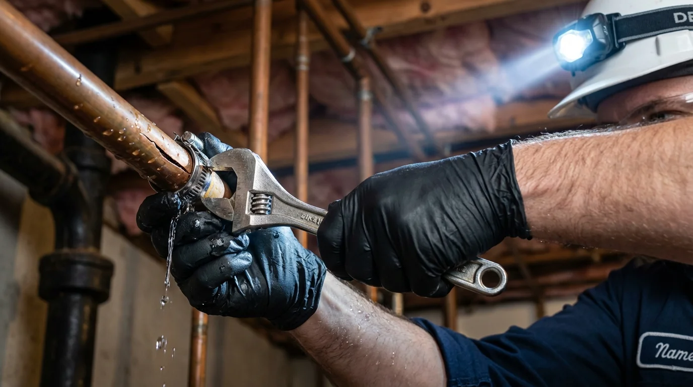 Emergency pipe clamp repair being performed by a Johns Plumbing LLC plumber in Watkinsville