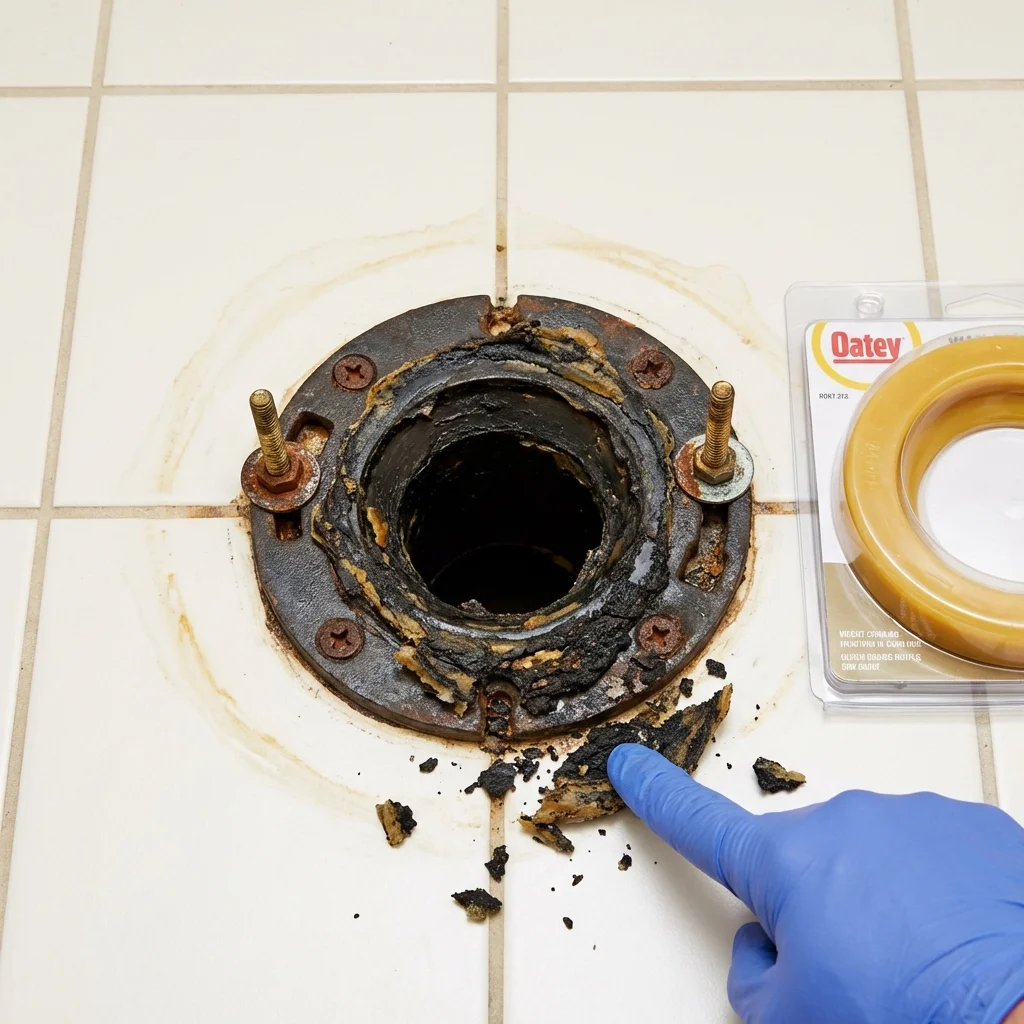 Failed wax ring showing water seepage at the base of a toilet in a Watkinsville, GA home