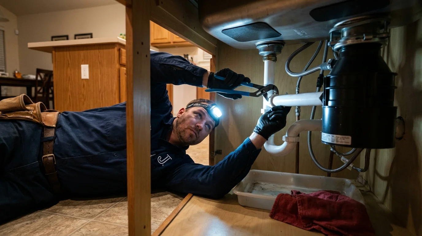 P-trap and supply line connections under a kitchen sink showing a common leak point in Watkinsville, GA